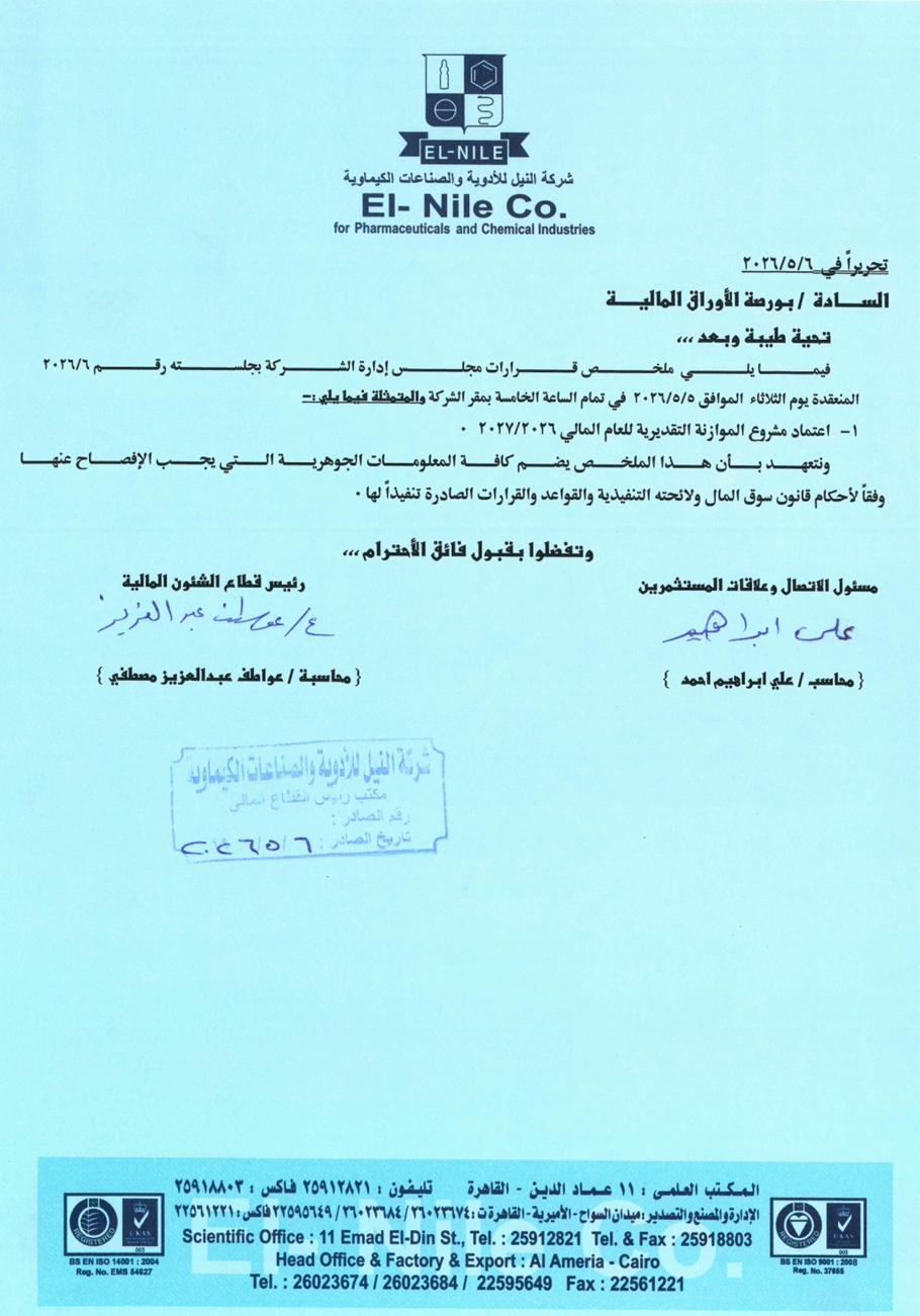 Nile Pharmaceuticals and Chemical Industries Company – Nile (NIPH.CA) Summary of Board of Directors Resolutions 06/05/2026
