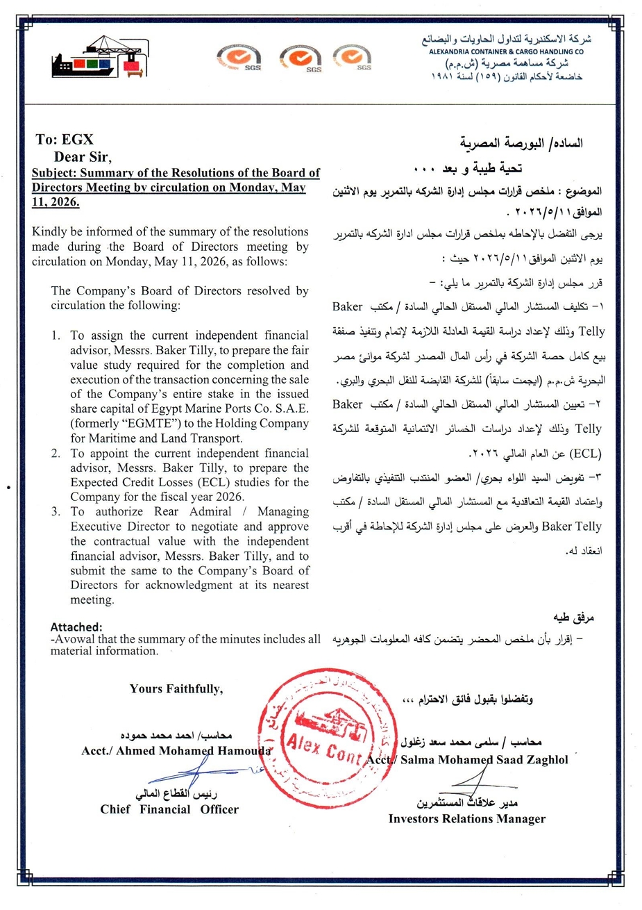 Alexandria Container and Cargo Handling Company (ALCN.CA) – Board of Directors Resolutions 12/05/2026