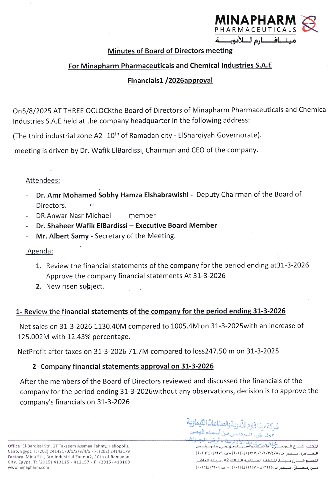 Minapharm Pharmaceuticals & Chemical Industries (MIPH.CA) – Minutes of the Board of Directors Meeting  Date: August 6, 2026