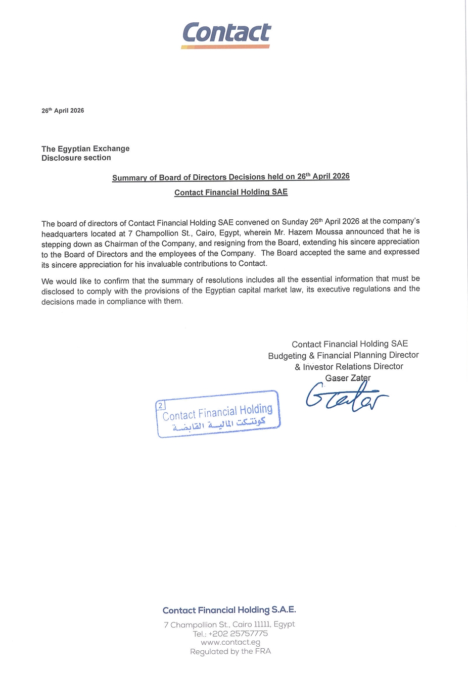 Resolutions of the Company’s Board of Directors at its meeting held on 26/04/2026