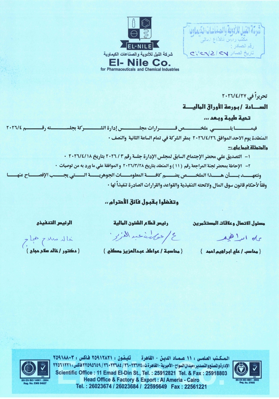 Nile Pharmaceutical and Chemical Industries – Nile (NIPH.CA) – Summary of Board of Directors’ Resolutions – 27/04/2026
