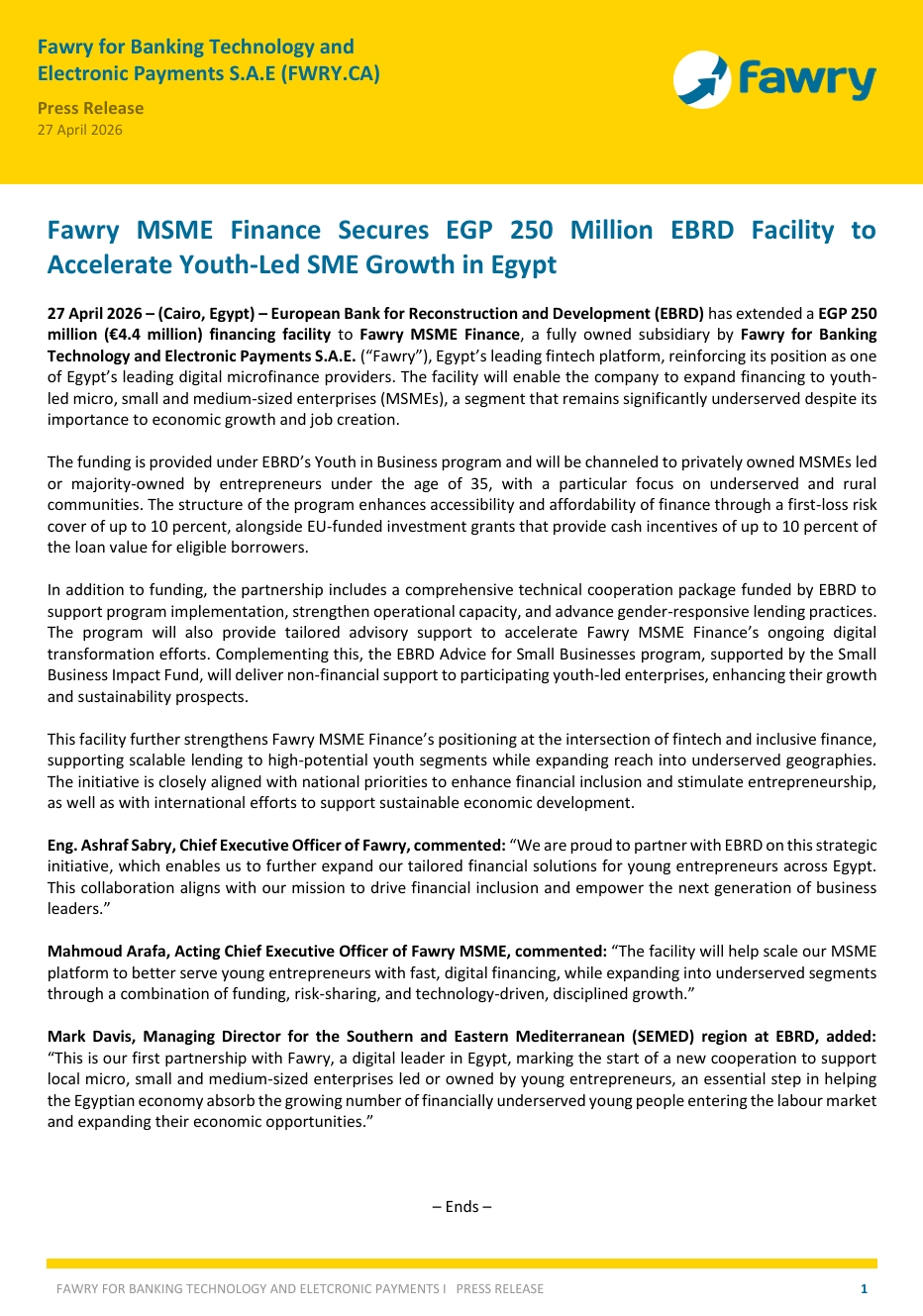 Fawry for Banking Technology and Electronic Payments (FWRY.CA) – Company Statement – 27/04/2026