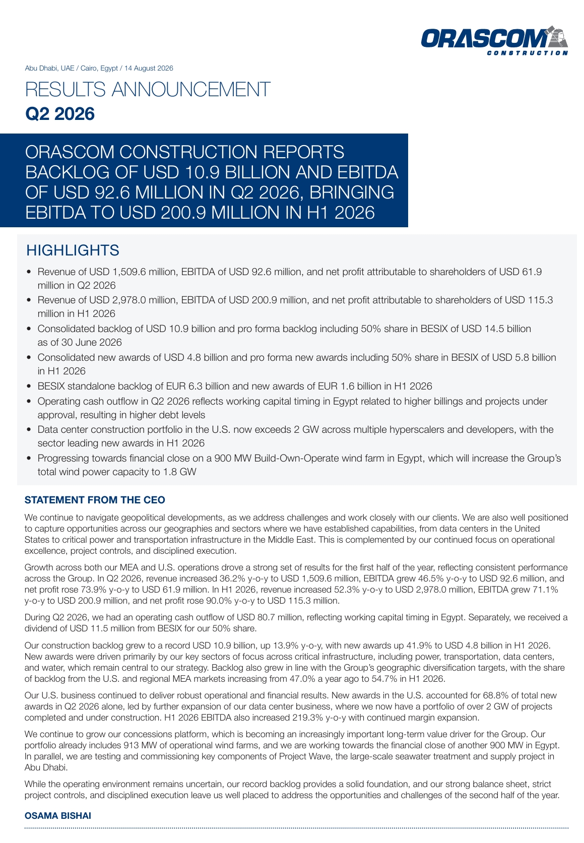 Orascom Construction PLC (ORAS.CA) – Company Disclosure 16/08/2026