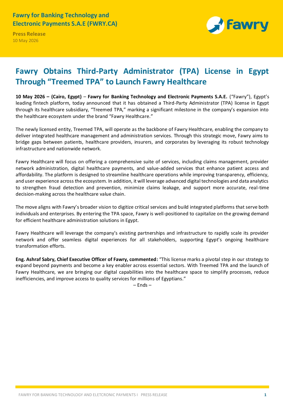 Fawry for Banking Technology and Electronic Payment (FWRY.CA) – Company Statement 10/05/2026