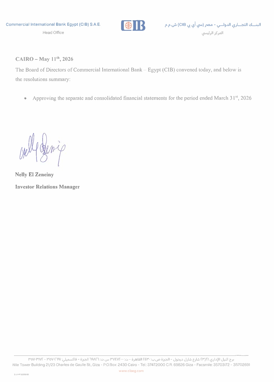 Commercial International Bank – Egypt (CIB) (COMI.CA) – Board of Directors Resolutions 12/05/2026