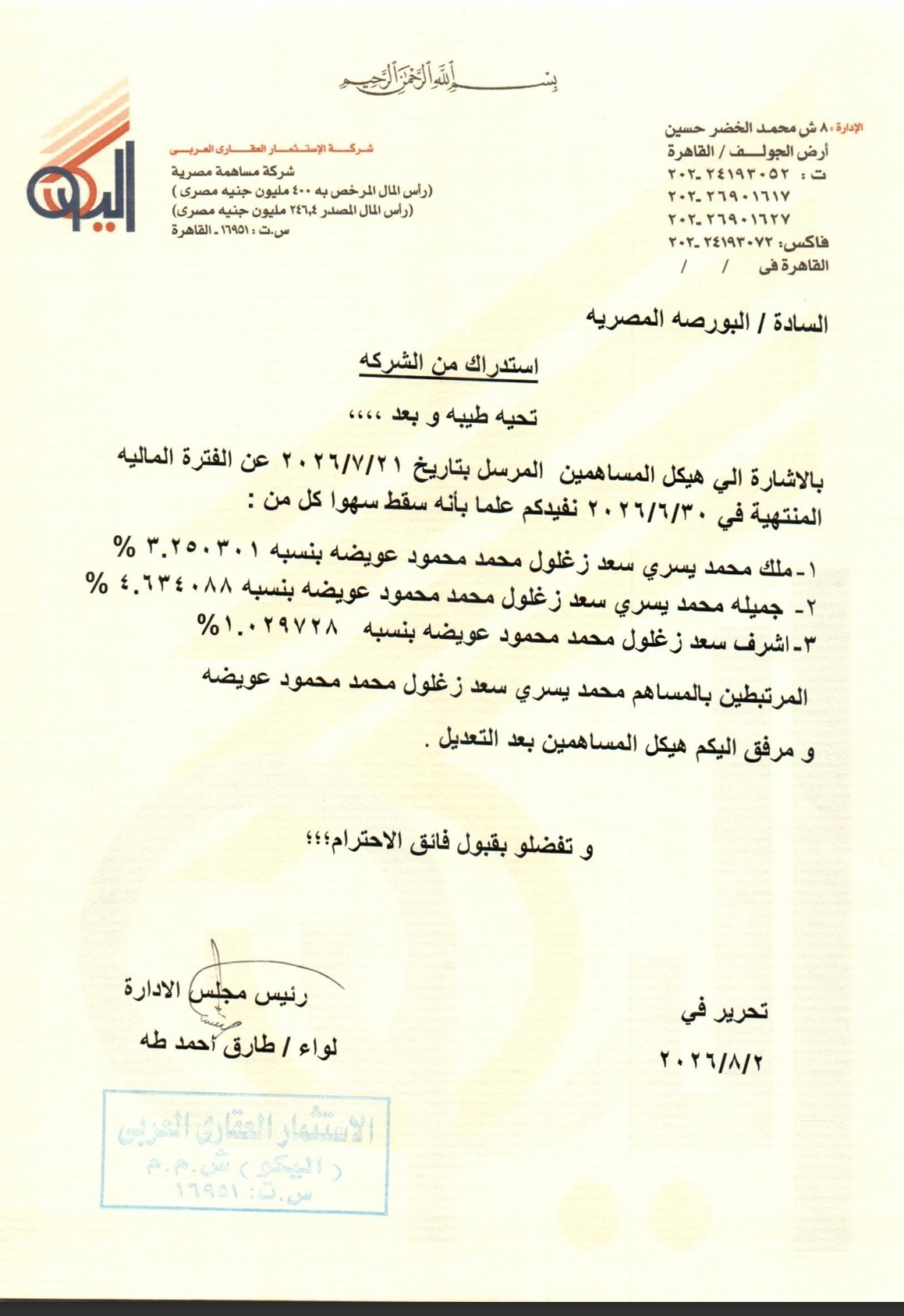 Arab Real Estate Investment Co. – ALICO (RREI.CA) – Company Correction Notice