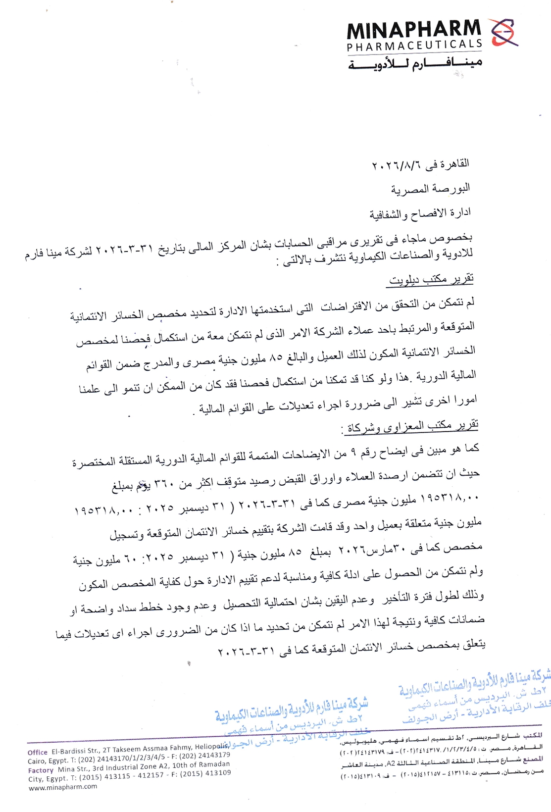 Mena Pharm Pharmaceuticals and Chemical Industries (MIPH.CA) Company Response to the Auditor's Report  10/08/2026