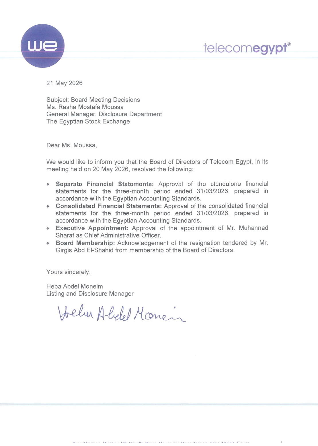Telecom Egypt (ETEL.CA) – Board of Directors Resolutions 21/05/2026