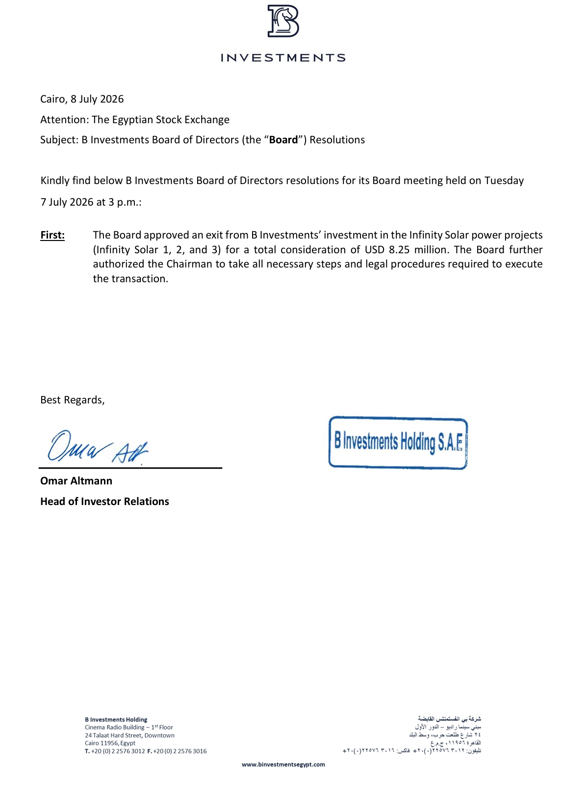 B Investments Holding (BINV.CA) – Board of Directors' Resolutions Date: July 8, 2026