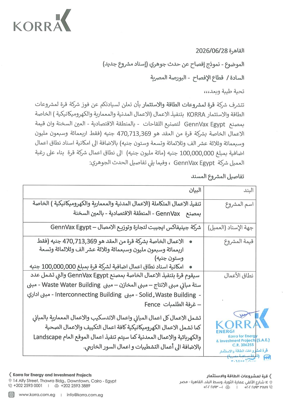 Kora for Energy Projects and Investment (KORA.CA) — Company Statement Date: 28/06/2026