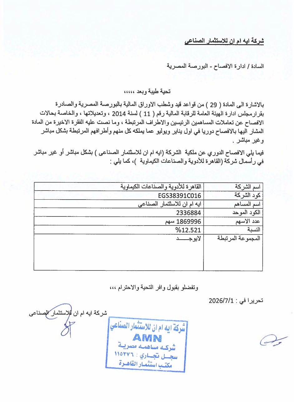 Cairo Pharmaceuticals and Chemical Industries (CPCI.CA) – Company Statement 01/07/2026