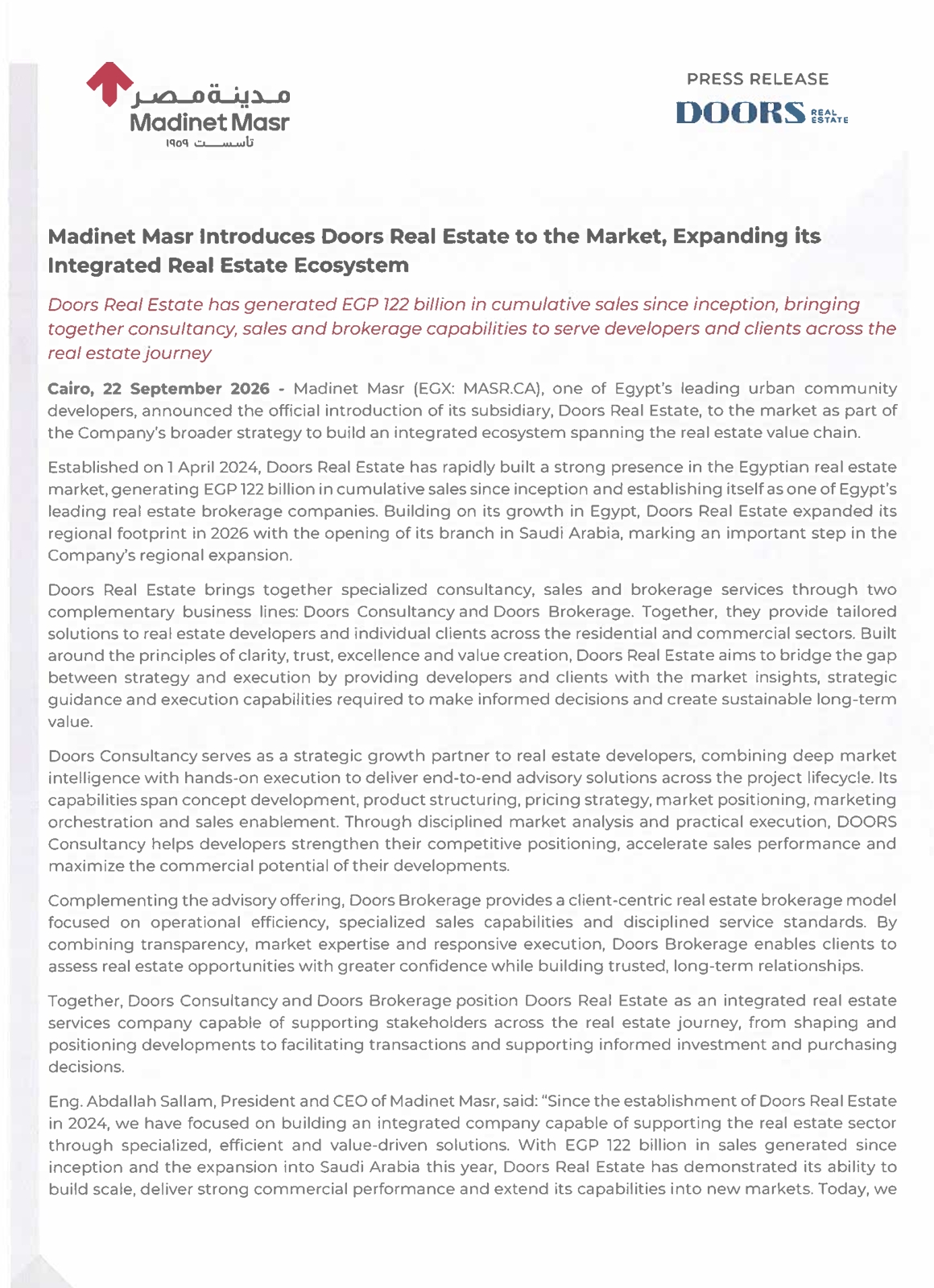 Madinet Masr for Housing and Development (MASR.CA) – Company Statement 22/09/2026